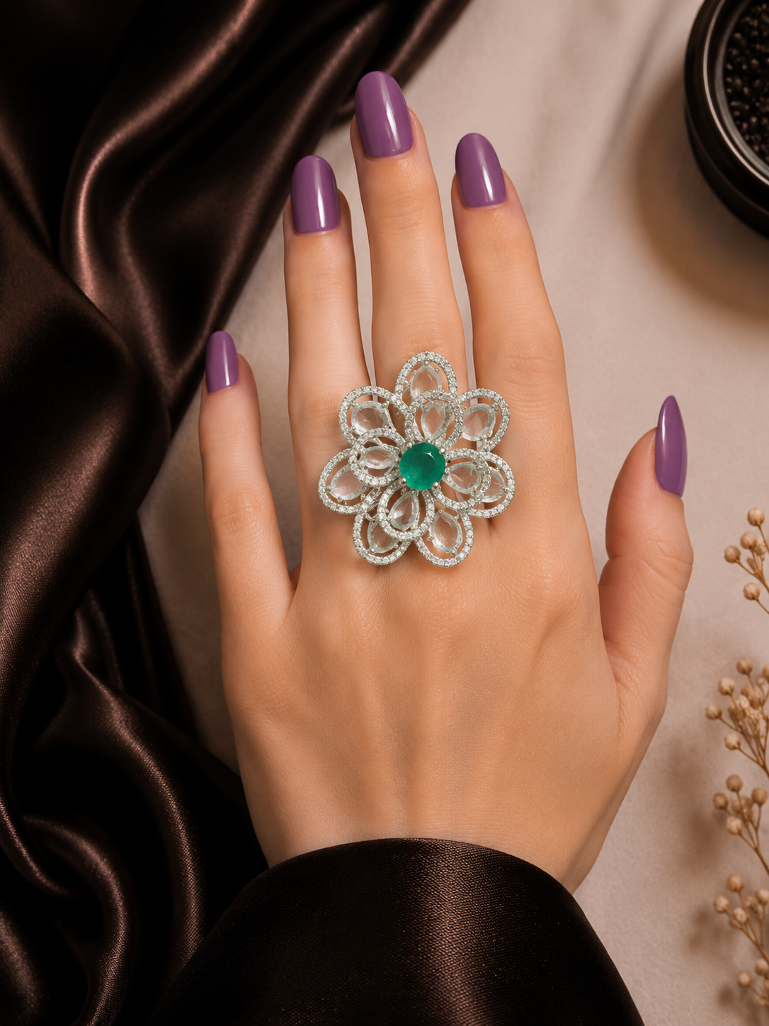 EMERALD STONE WITH TRANSPARENT DIAMONDS RING