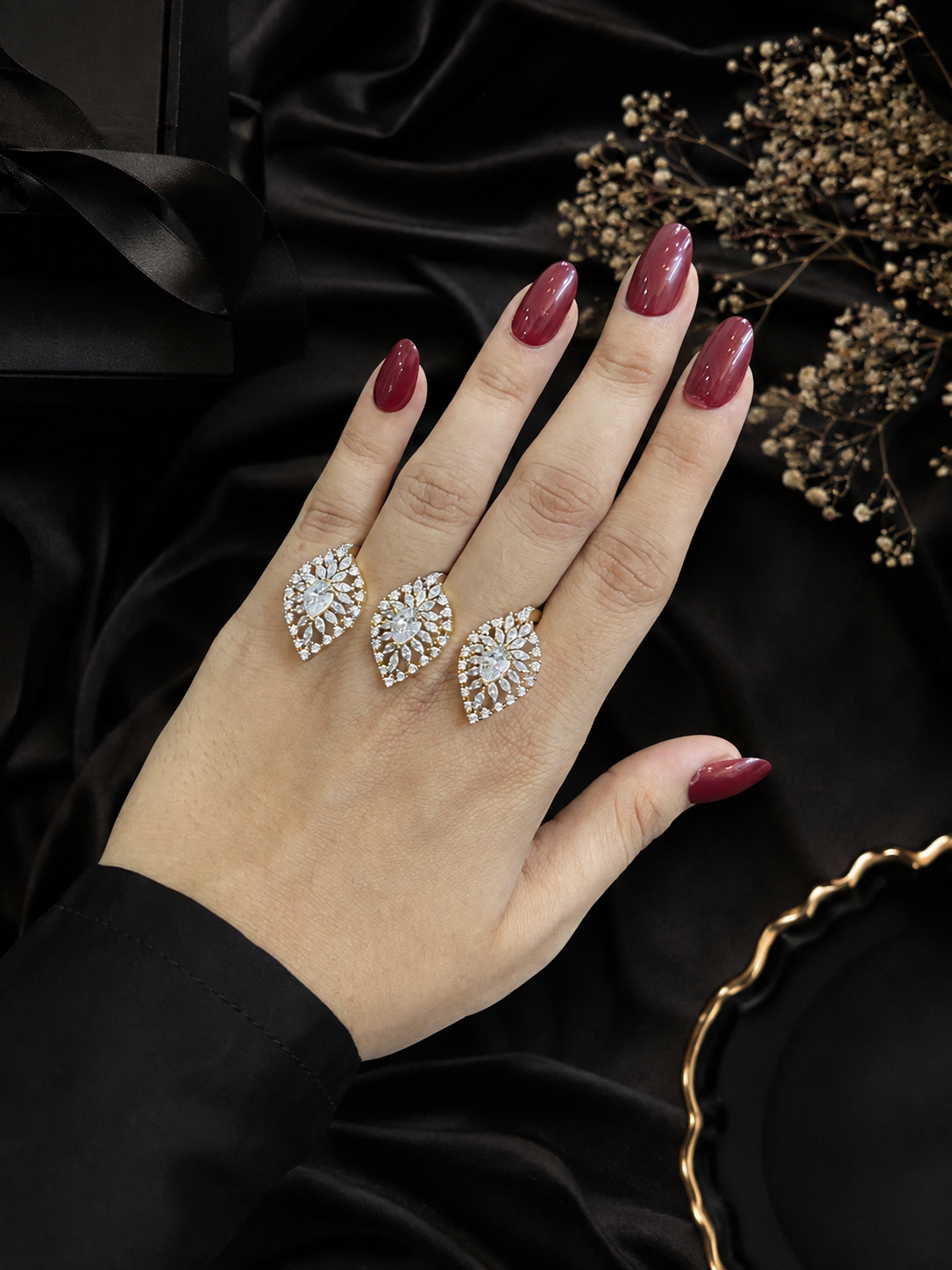 3 FINGER GOLDEN TEARDROP DIAMOND RING