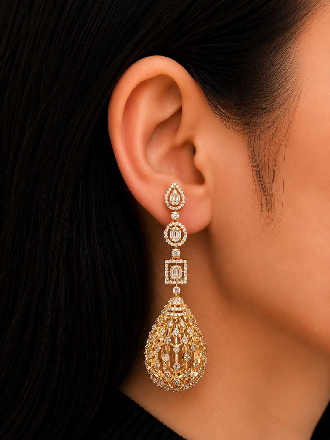 GOLDEN ORNATE DROP WITH GREEN DIAMOND EARRINGS