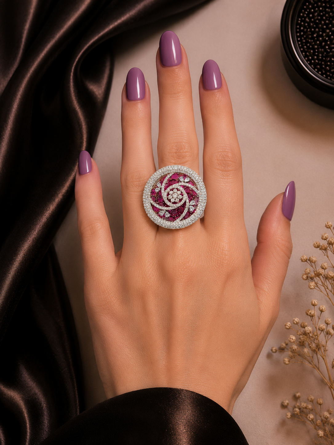RUBY STONE RING WITH DIAMOND WHEEL STYLE