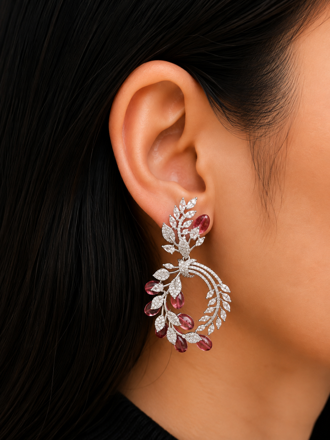 RED BEADS FLORAL CASCADE EARRINGS