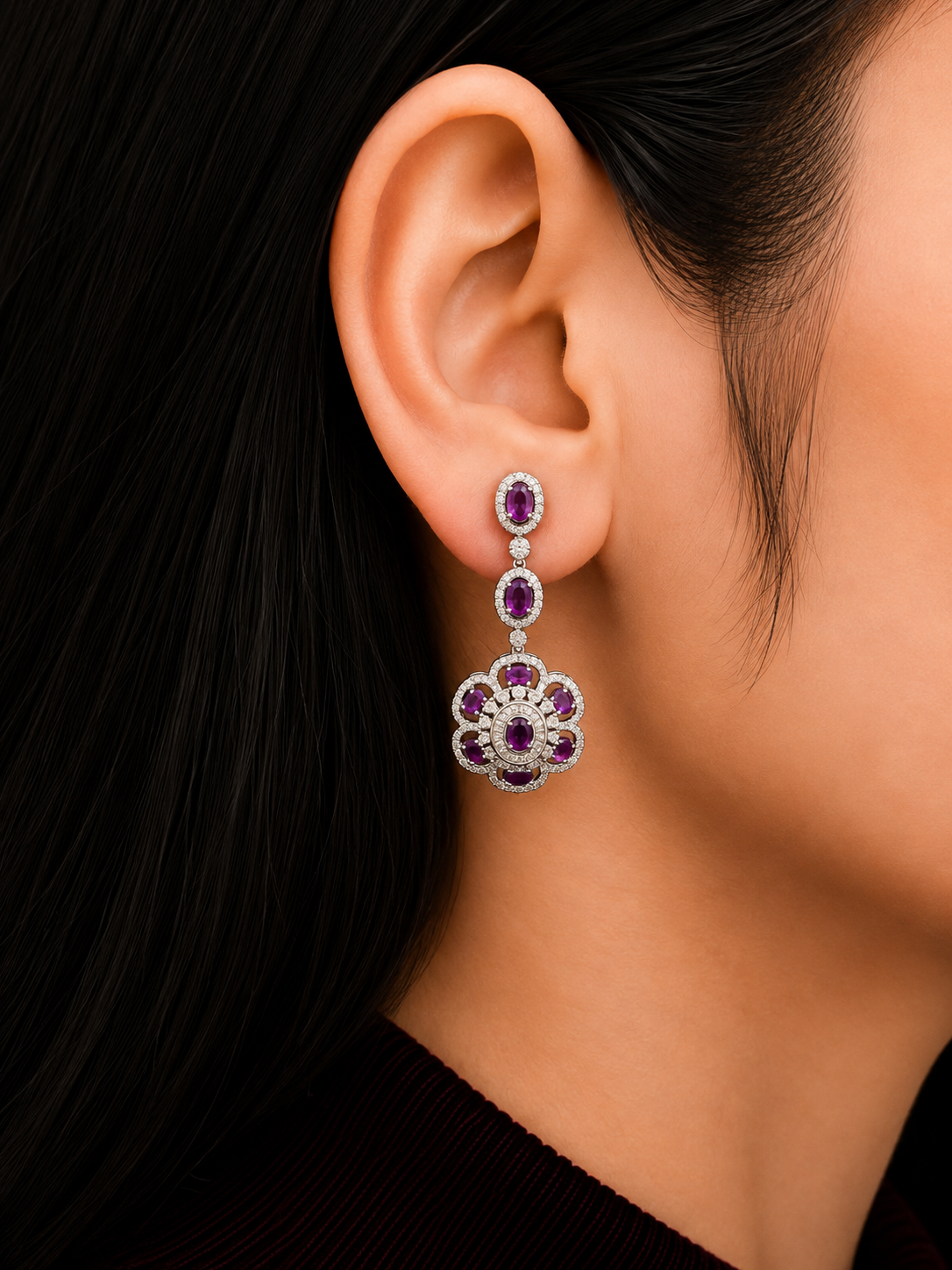 PINK FLORAL DROP DIAMOND EARRINGS