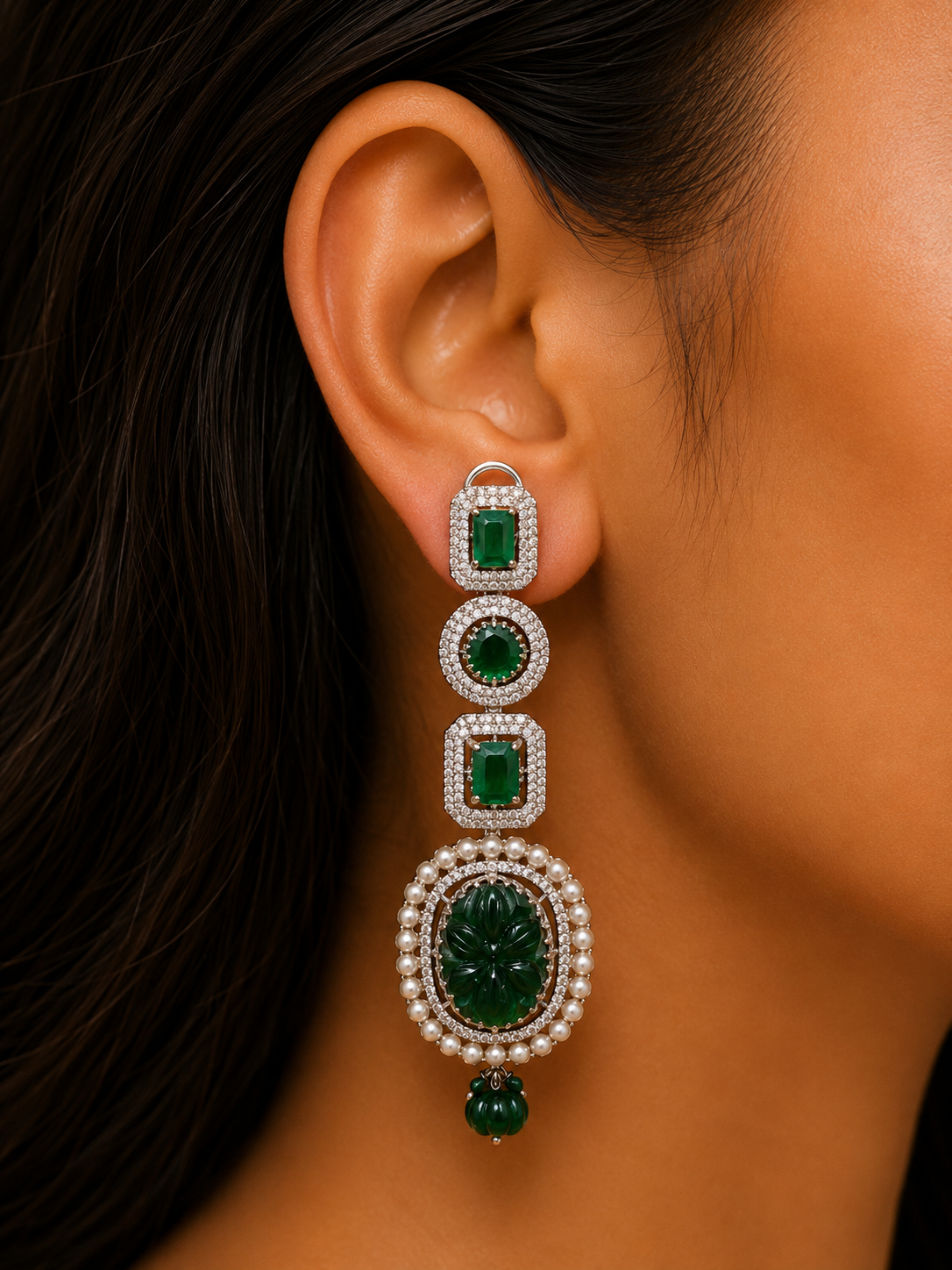 EMERALD CARVED PEARL EARRINGS