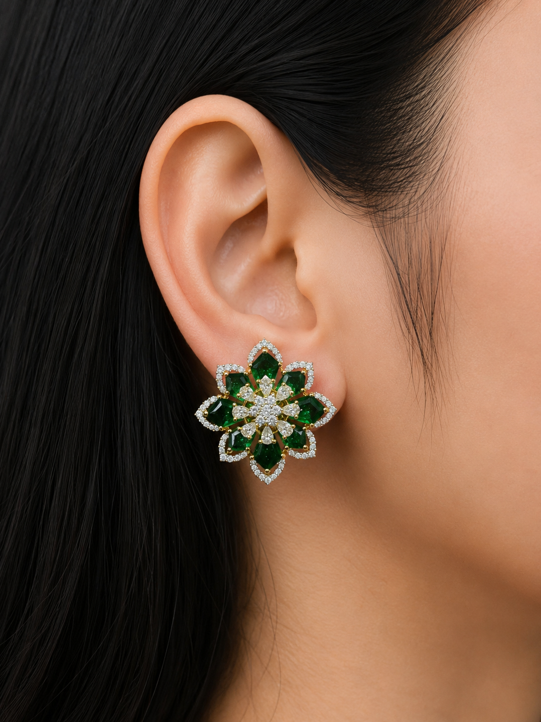 EMERALD PETAL STUDS WITH DIAMONDS