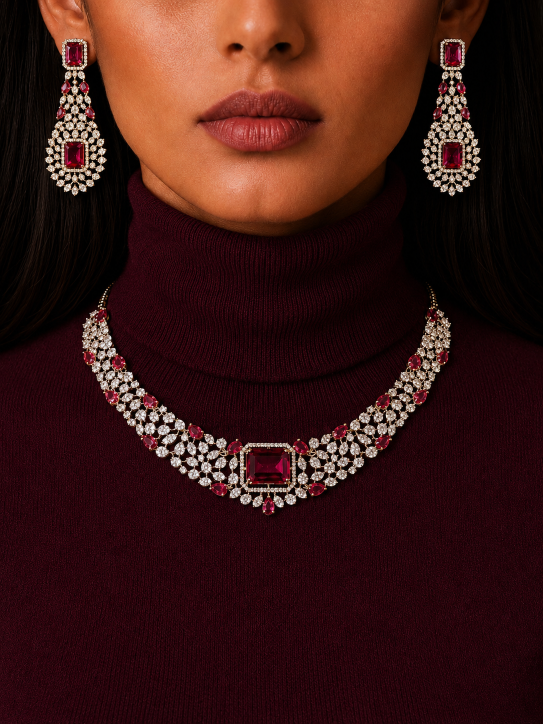 RUBY & SILVER DIAMOND NECKLACE SET