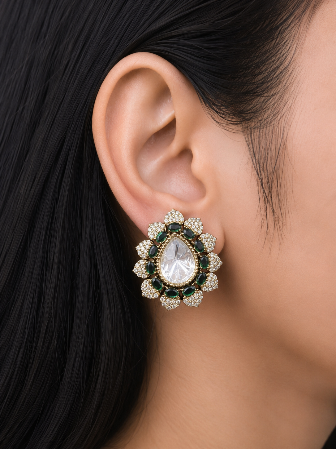 EMERALD PEAR HALO STUDS