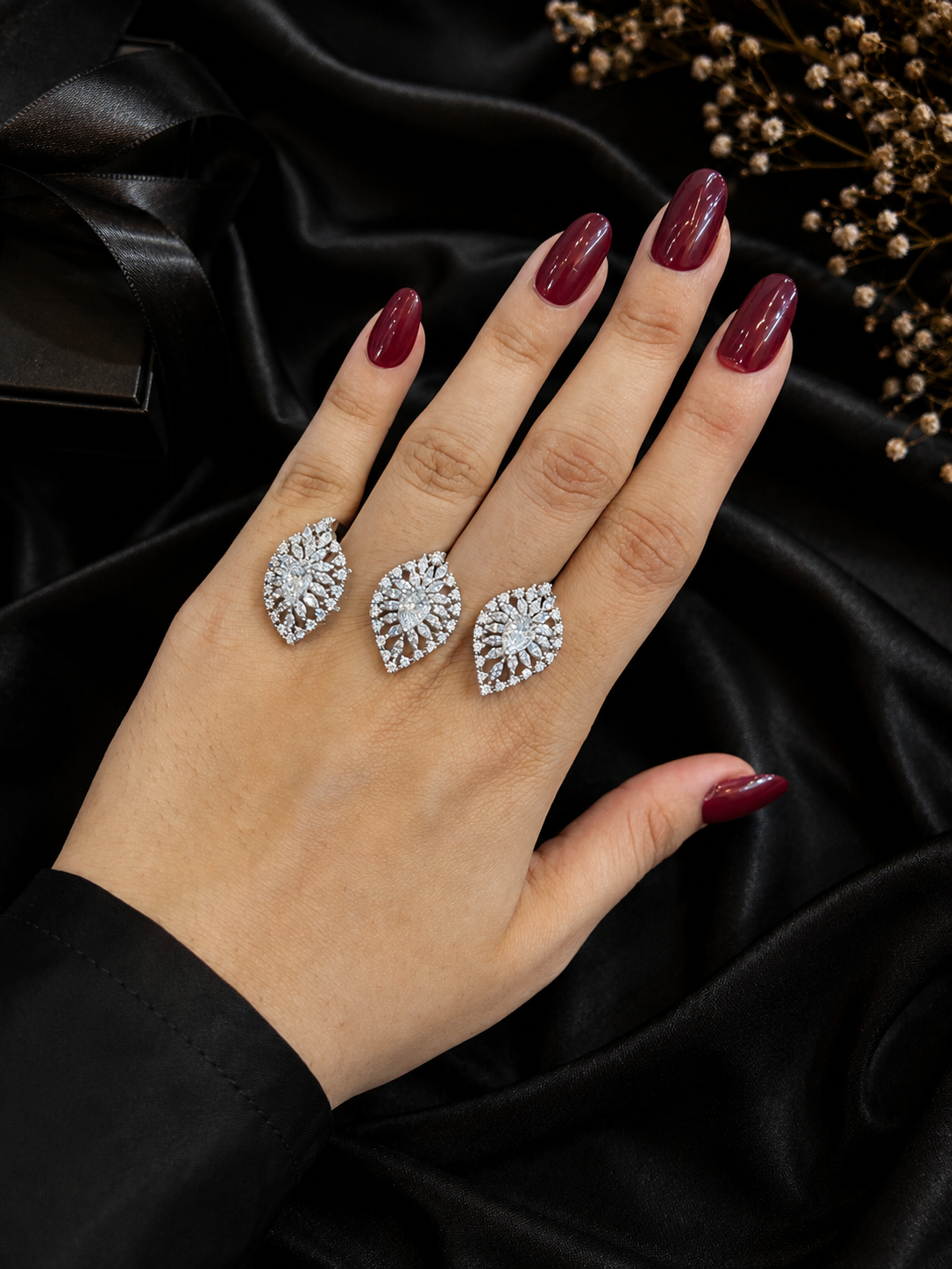 3 FINGER SILVER TEARDROP DIAMOND RING