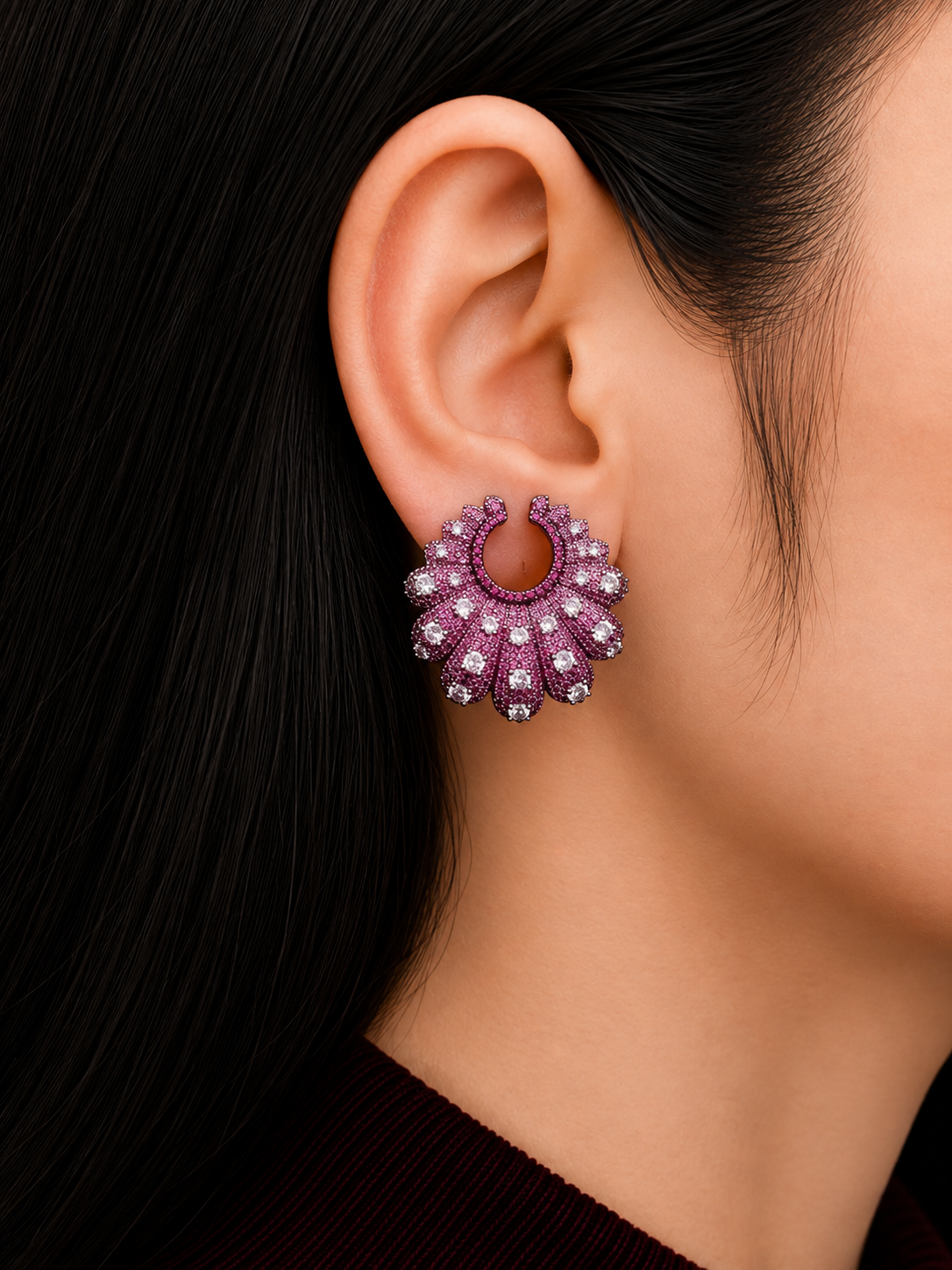 PURPLE RADIANCE NANO SETTING DIAMOND HOOP STYLE STUDS