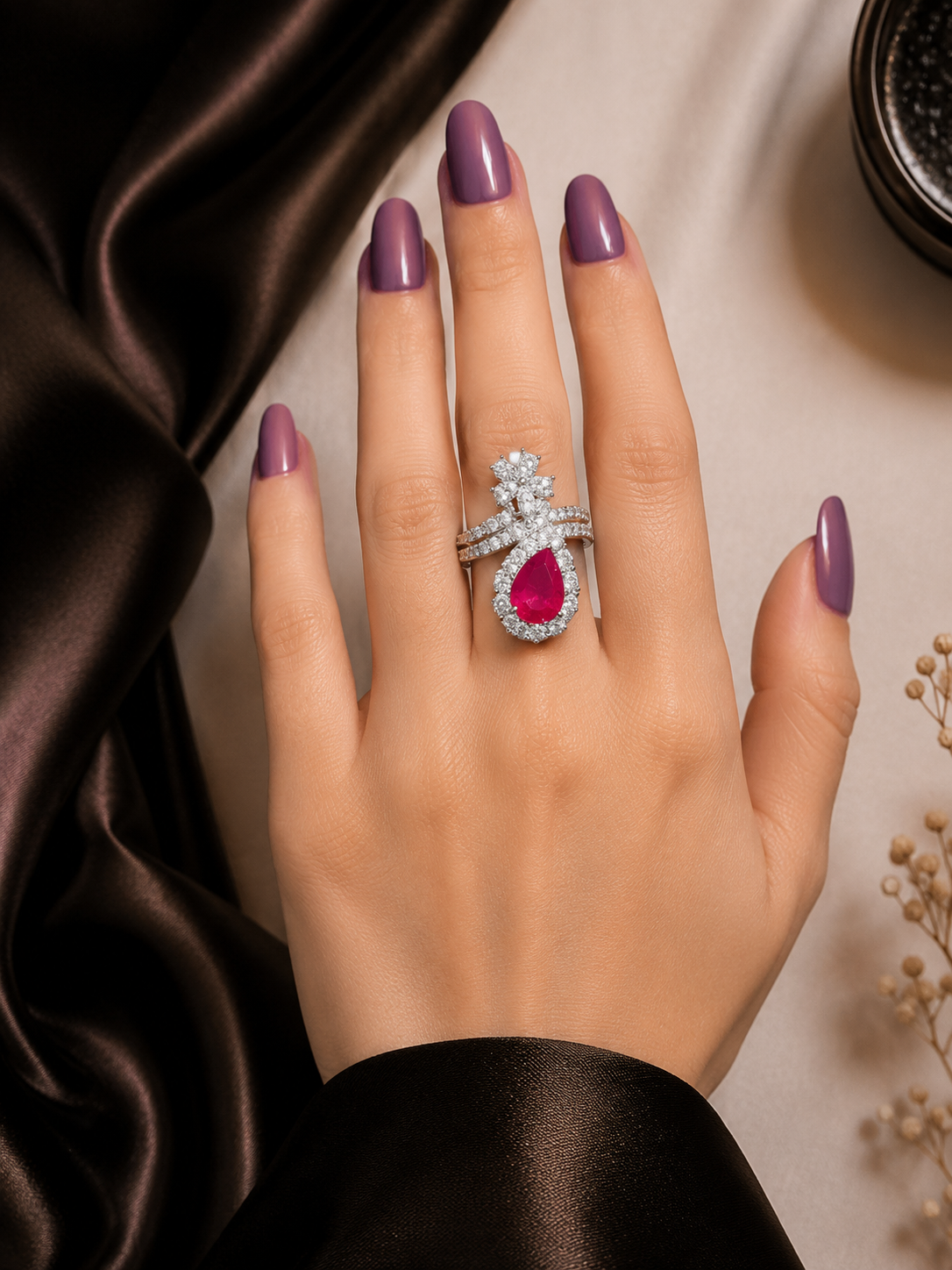 CRISS CROSS RUBY DIAMOND STONE RING WITH WHITE FLORAL DESIGN