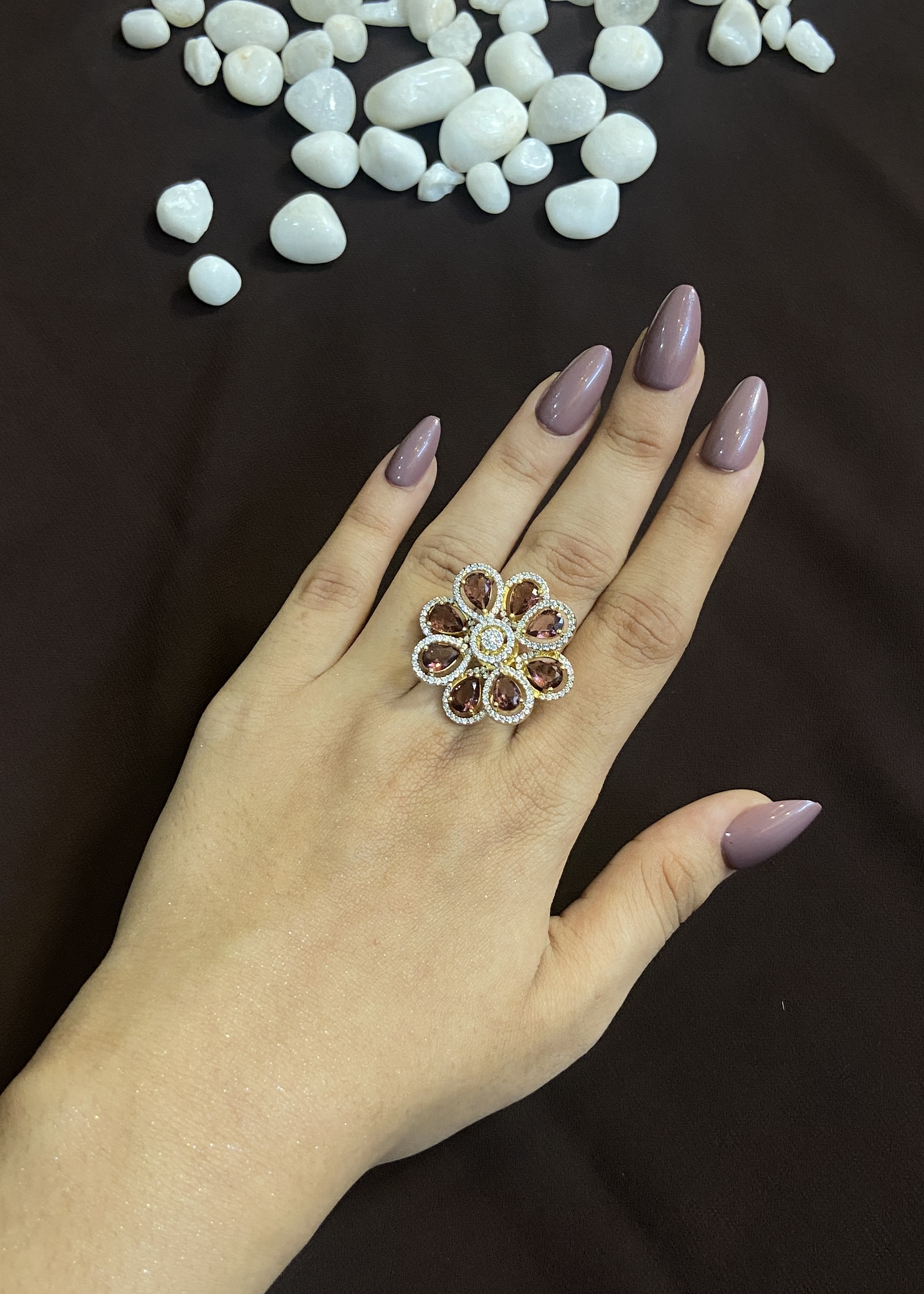 RADIANT WINE STONE RING WITH FLORAL SHAPE