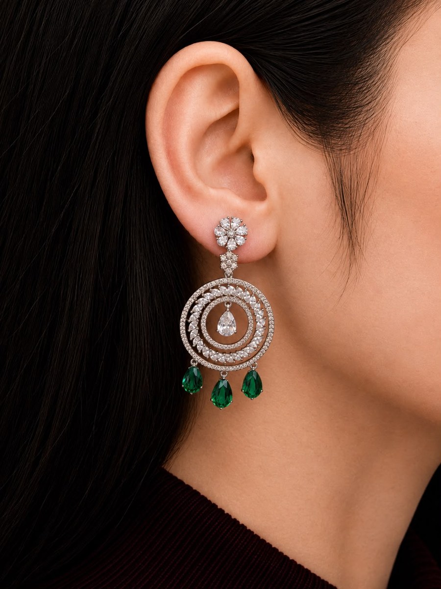 DROPPING EMERALD WITH SILVER DIAMOND HOOP EARRINGS